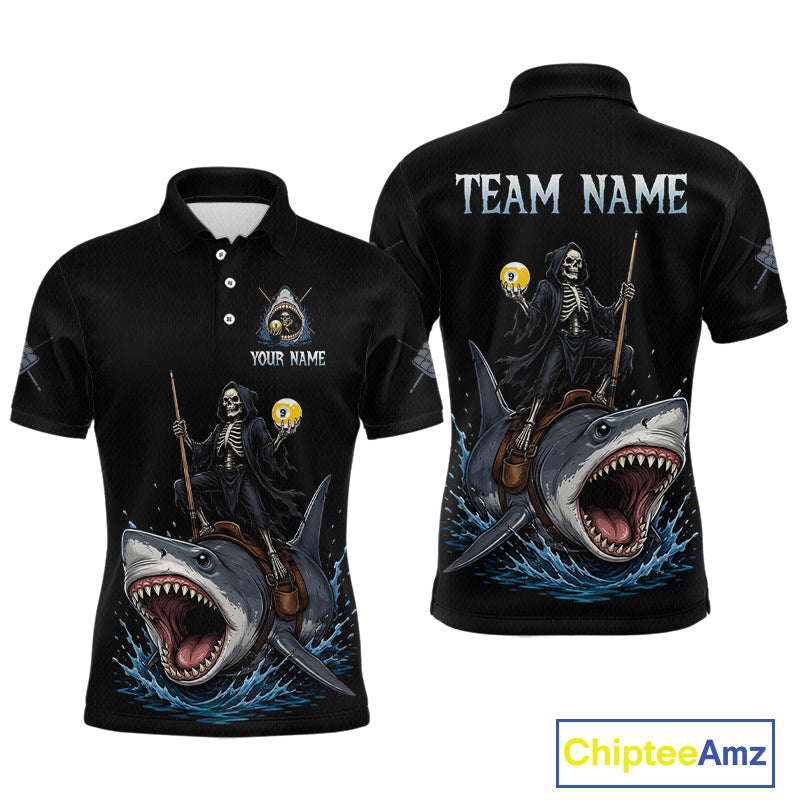 Black polo shirt with skeleton and shark design on a white background, featuring 'Chiptee Amz' branding.