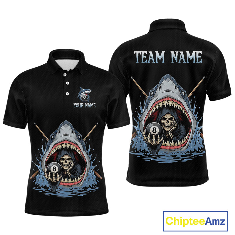 Black polo shirt with shark and skull design on front and back, customizable text, Chiptee Amz brand visible.