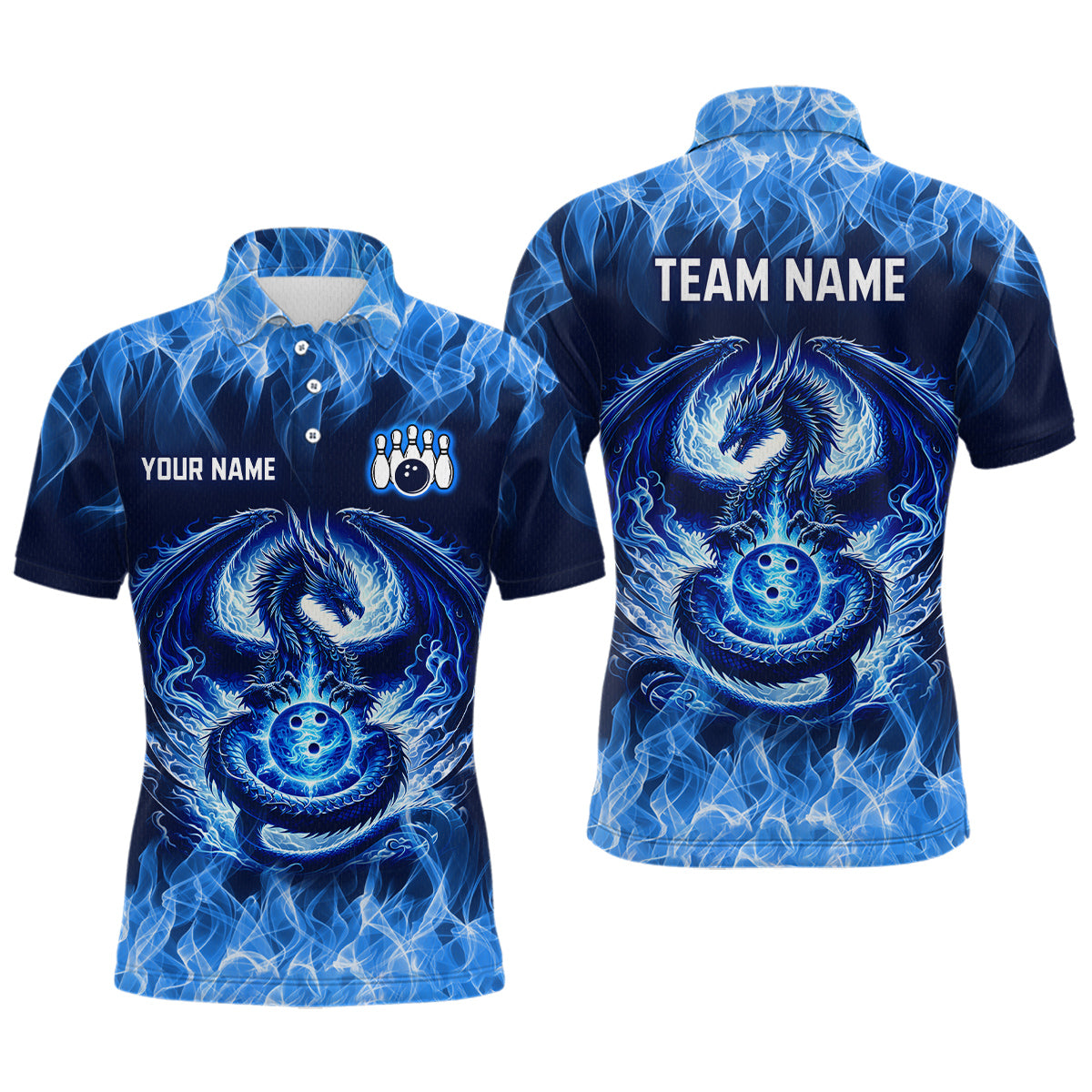 Custom Blue Dragon Flame Bowling Jersey for Men Bowling Team Shirts Bowling Polo & 1/4 Zip HNT189