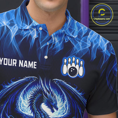 Custom Blue Dragon Flame Bowling Jersey for Men Bowling Team Shirts Bowling Polo & 1/4 Zip HNT189