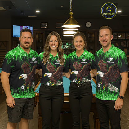Custom Green Flame Eagle 8 Ball Billiard Shirts for Women Billiard League Billiard Team Shirts NNT107