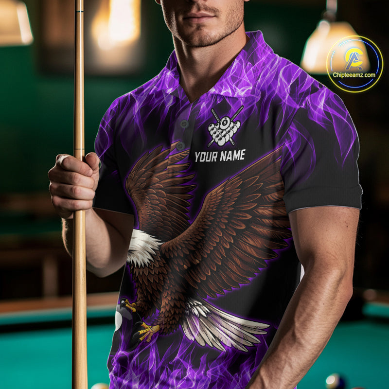 Custom Purple Flame Eagle 8 Ball Billiard Shirts for Men Billiard League Billiard Team Shirts NNT107