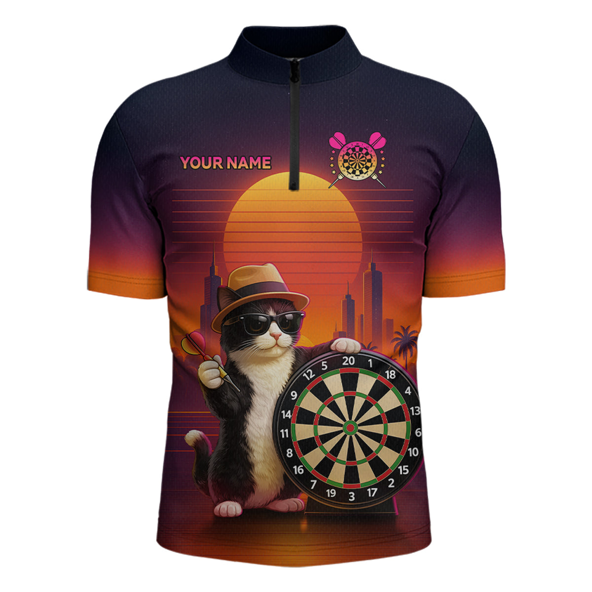 Funny Cat Retro Dart Shirts For Men Custom Dart Board Shirts Polo & 1/4 Zip Dart Jersey Team NNT124
