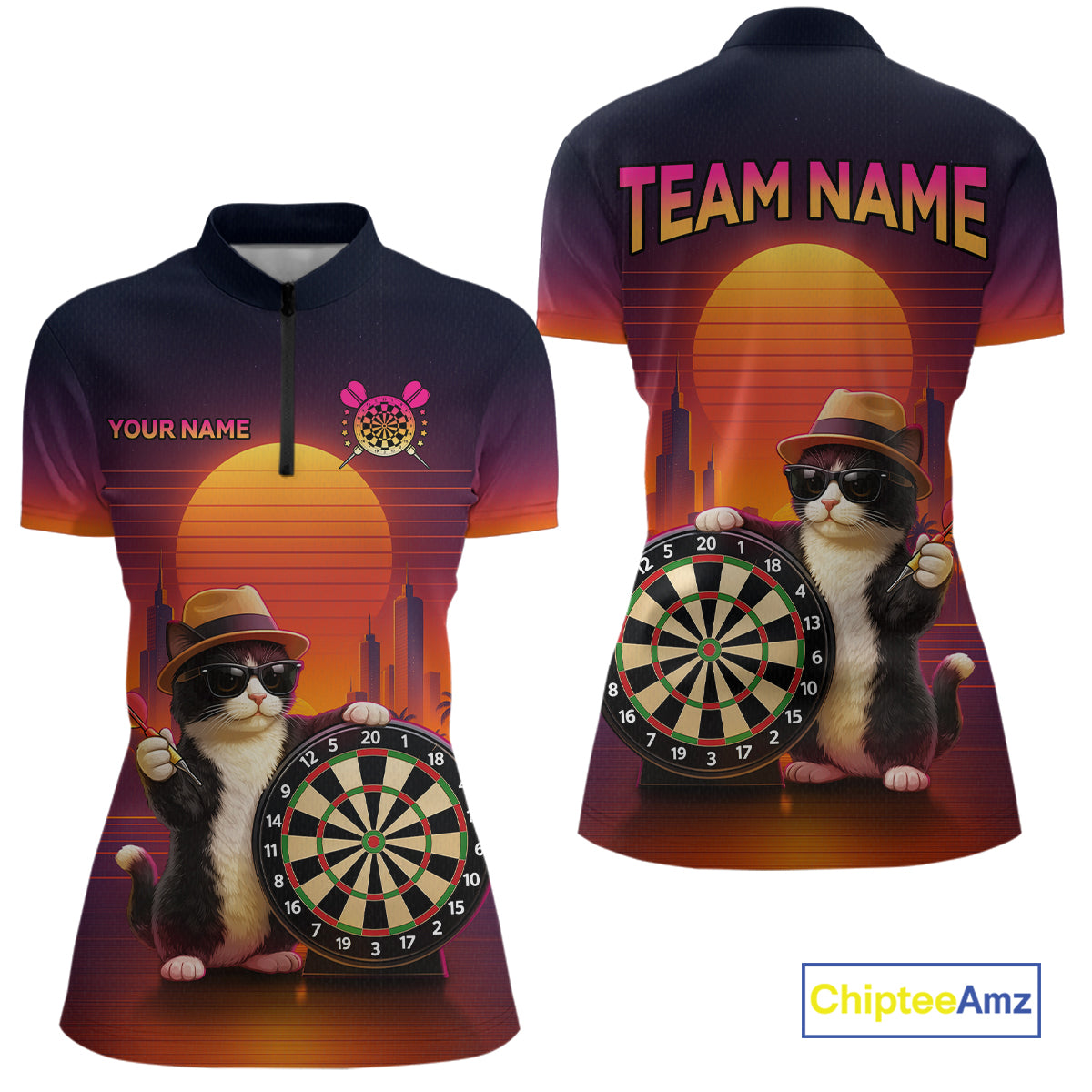 Funny Cat Retro Dart Shirts For Women Custom Dart Board Shirts Polo & 1/4 Zip Dart Jersey Team NNT124