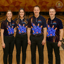 Load image into Gallery viewer, Four people wearing matching bowling-themed shirts in a bowling alley.