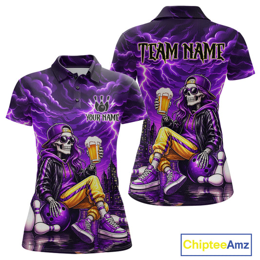 Custom Funny Beer Skull Purple Bowling Shirt for Women Bowling Team Jersey Bowling League HNT296