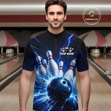 Load image into Gallery viewer, Man wearing a black and blue bowling polo shirt featuring lightning effects, a large blue bowling ball striking pins, and custom your name text.
