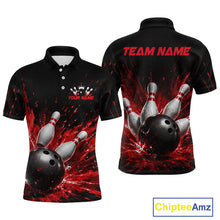 Load image into Gallery viewer, Front and back views of a black bowling polo shirt with dramatic red splatter graphics, a large black bowling ball, and flying pins, plus custom team and player name text.