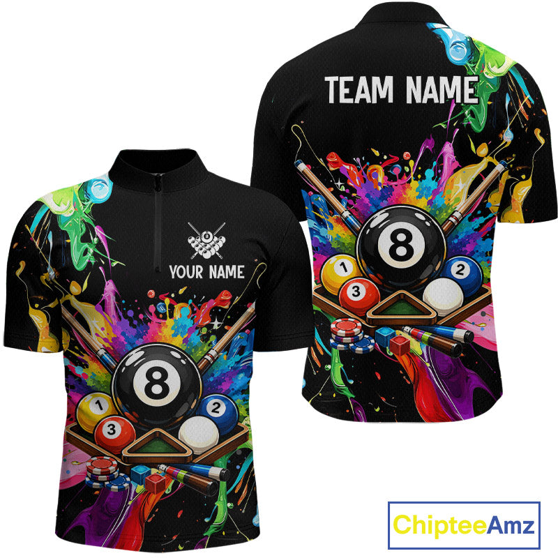 Colorful billiards-themed shirt with customizable text on a white background