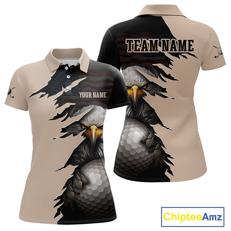 Personalized Eagle Golf Polo Shirt for Women featuring a patriotic American flag design, fierce bald eagle holding a golf ball, custom name and team name, beige and black performance golf jersey for golfers and golf teams.