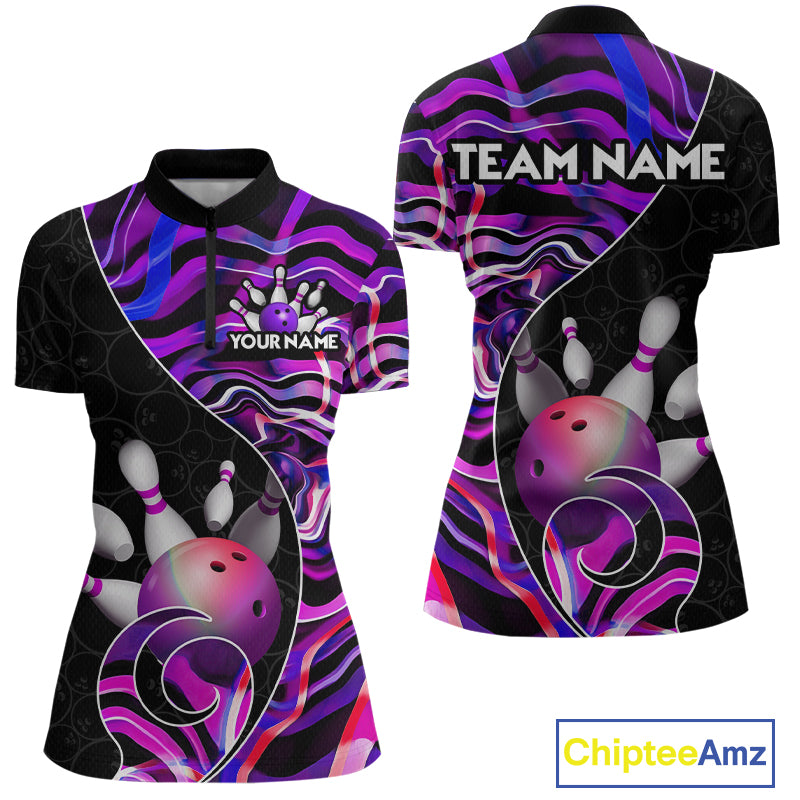 Custom Purple Neon Wave Bowling Team Shirts, Strike Bowling Shirts For Women Bowling Jersey HNT465