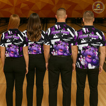 Load image into Gallery viewer, Four-person bowling team wearing bowling polo shirt featuring a cheerful purple hippo holding a bowling ball