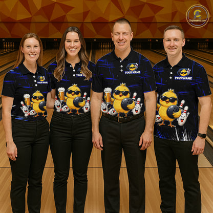 Four people wearing bowling polo shirt featuring a chick holding a bowling ball surrounded by smiling pins and beer graphics on black yellow background