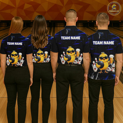 Four people wearing a black bowling polo featuring a sunglasses-wearing yellow chick holding a bowling ball and beer, surrounded by smiling bowling pins, with personalized name and team name text.