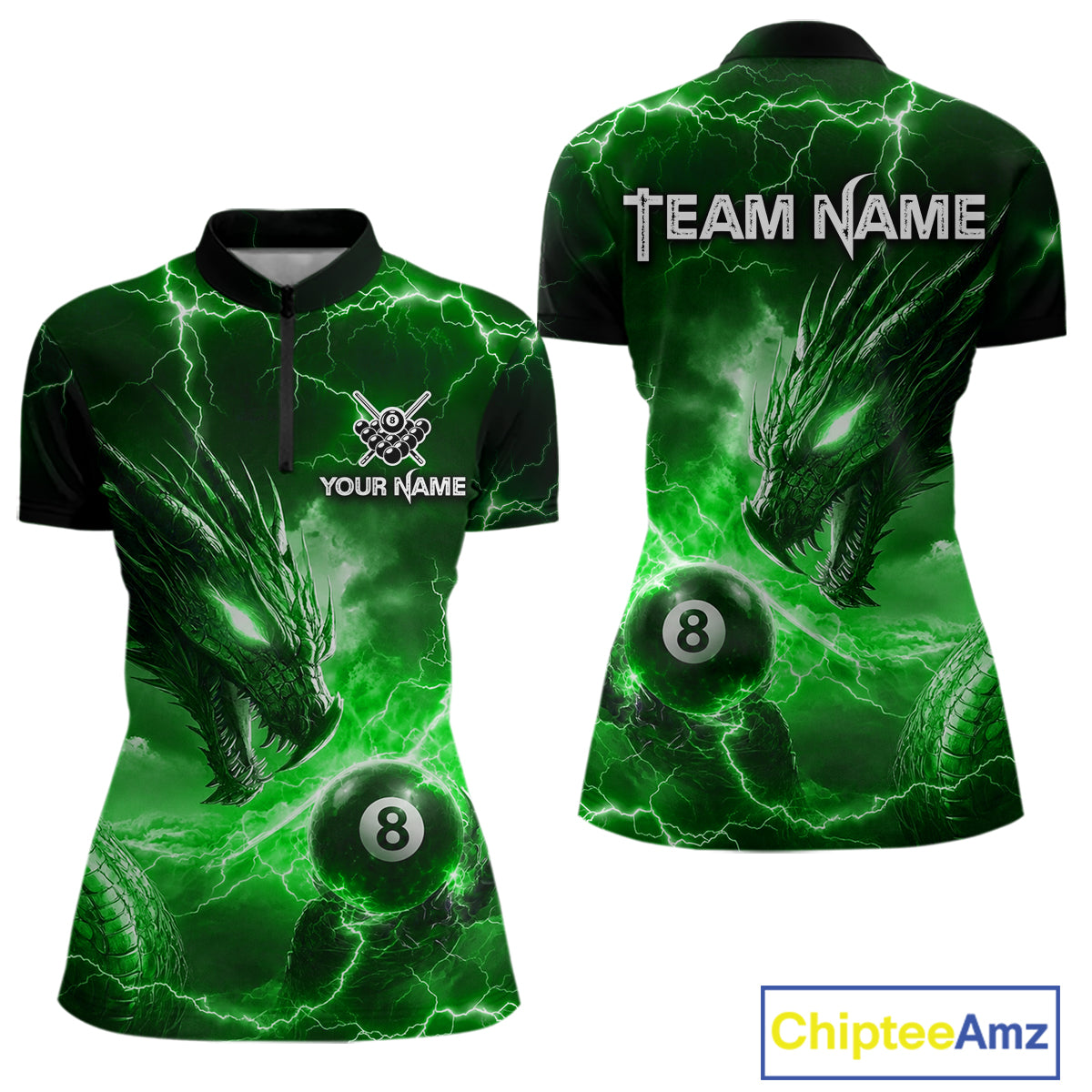 Custom Green Lightning Dragon 8 Ball Billiard Shirts for Women Billiard Team Jerseys Billiard League NNT281
