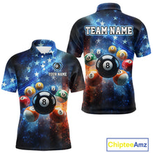 Load image into Gallery viewer, Two polo shirts with billiard ball design on a white background, featuring 'Team Name' and 'Your Name' text.