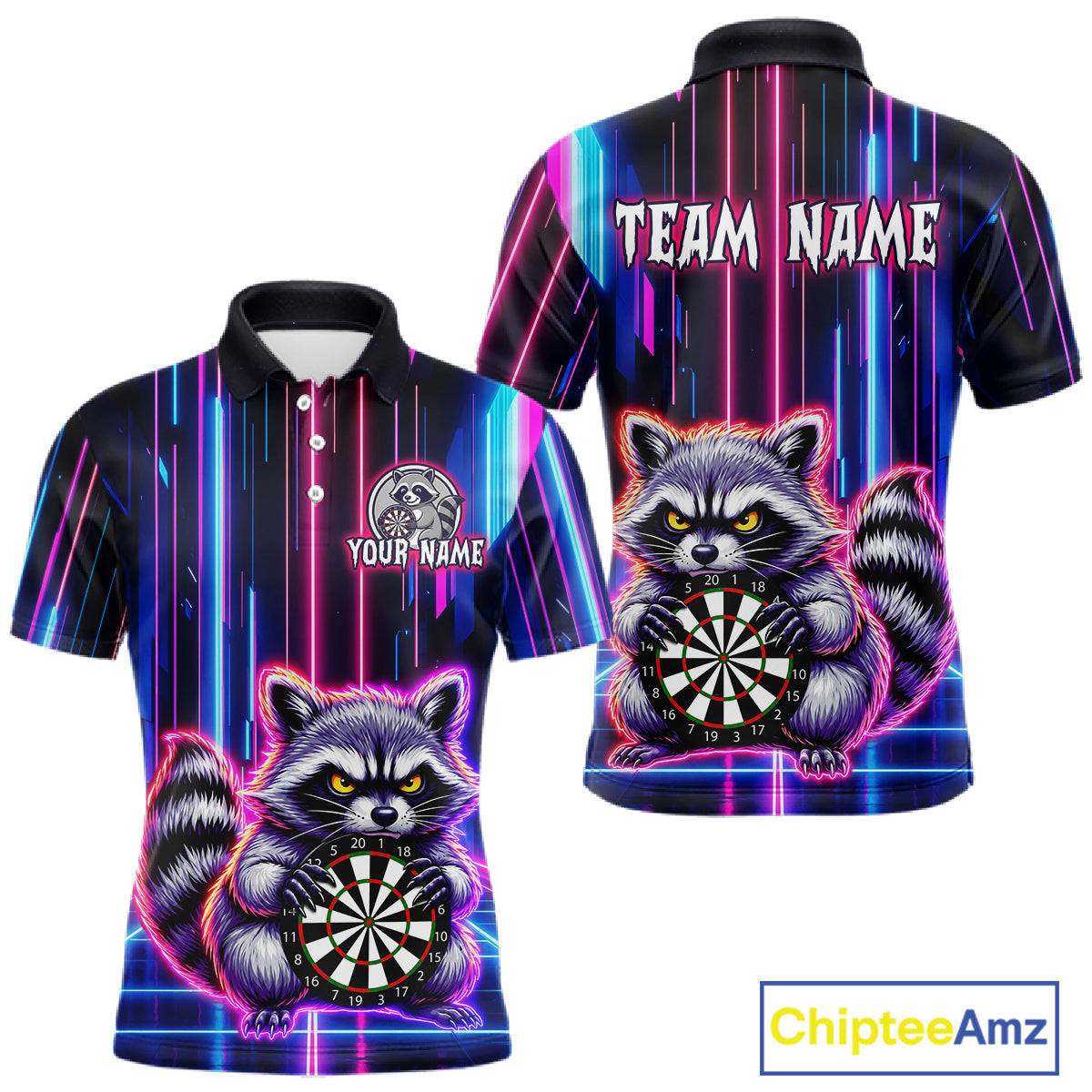 Front and back darts polo shirt featuring a raccoon holding a dartboard framed by neon light effects on a black background.