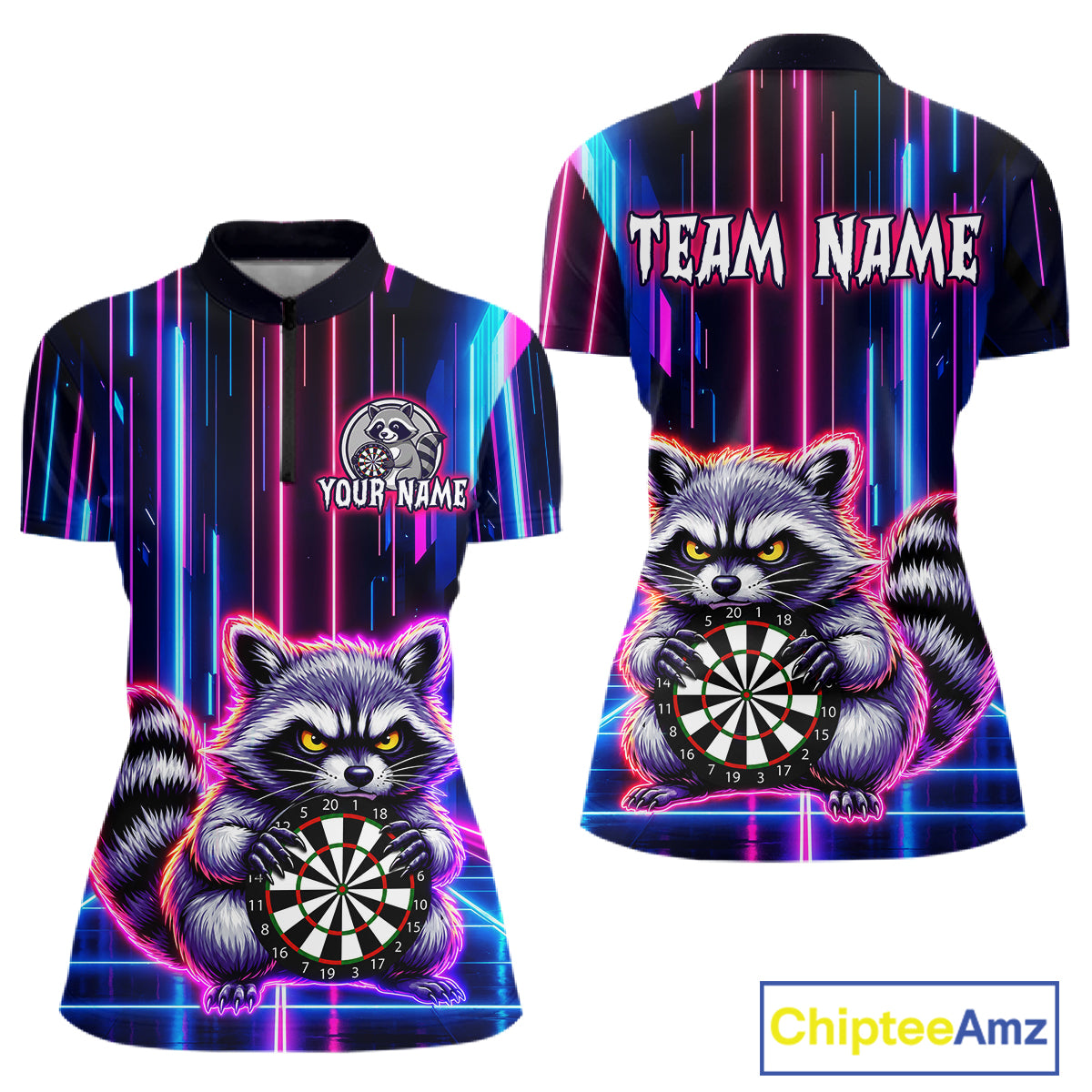 Front and back darts quarter zip shirt featuring a raccoon holding a dartboard framed by neon light effects on a black background.