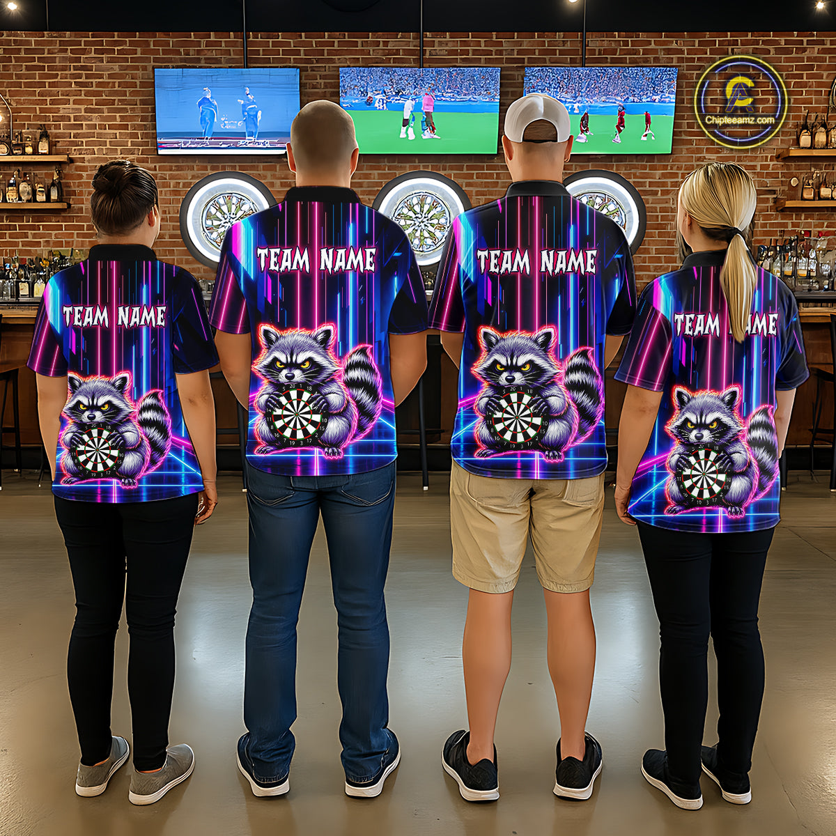 Four people wearing darts polo shirt featuring a raccoon holding a dartboard framed by neon light effects on a black background.