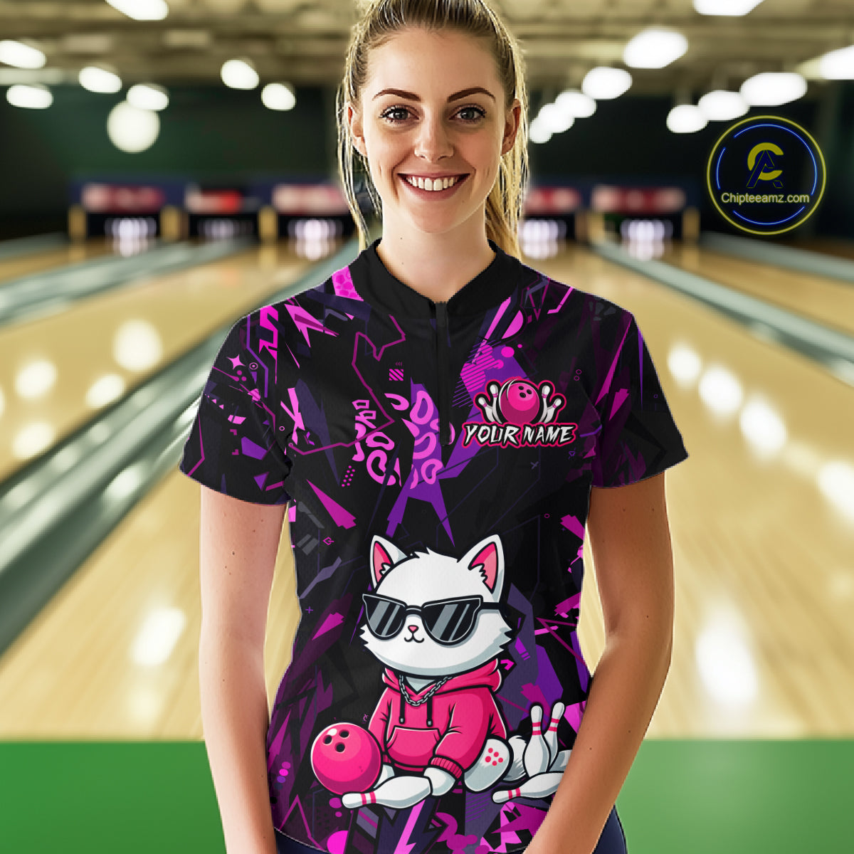 Custom Funny Cat Bowling Bowling Jersey for Women Bowling Team Shirts Polo & 1/4 Zip HNT194