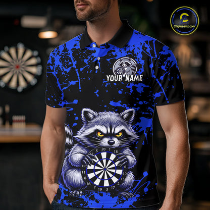 Person wearing a blue and black polo shirt with a raccoon holding a dartboard design.