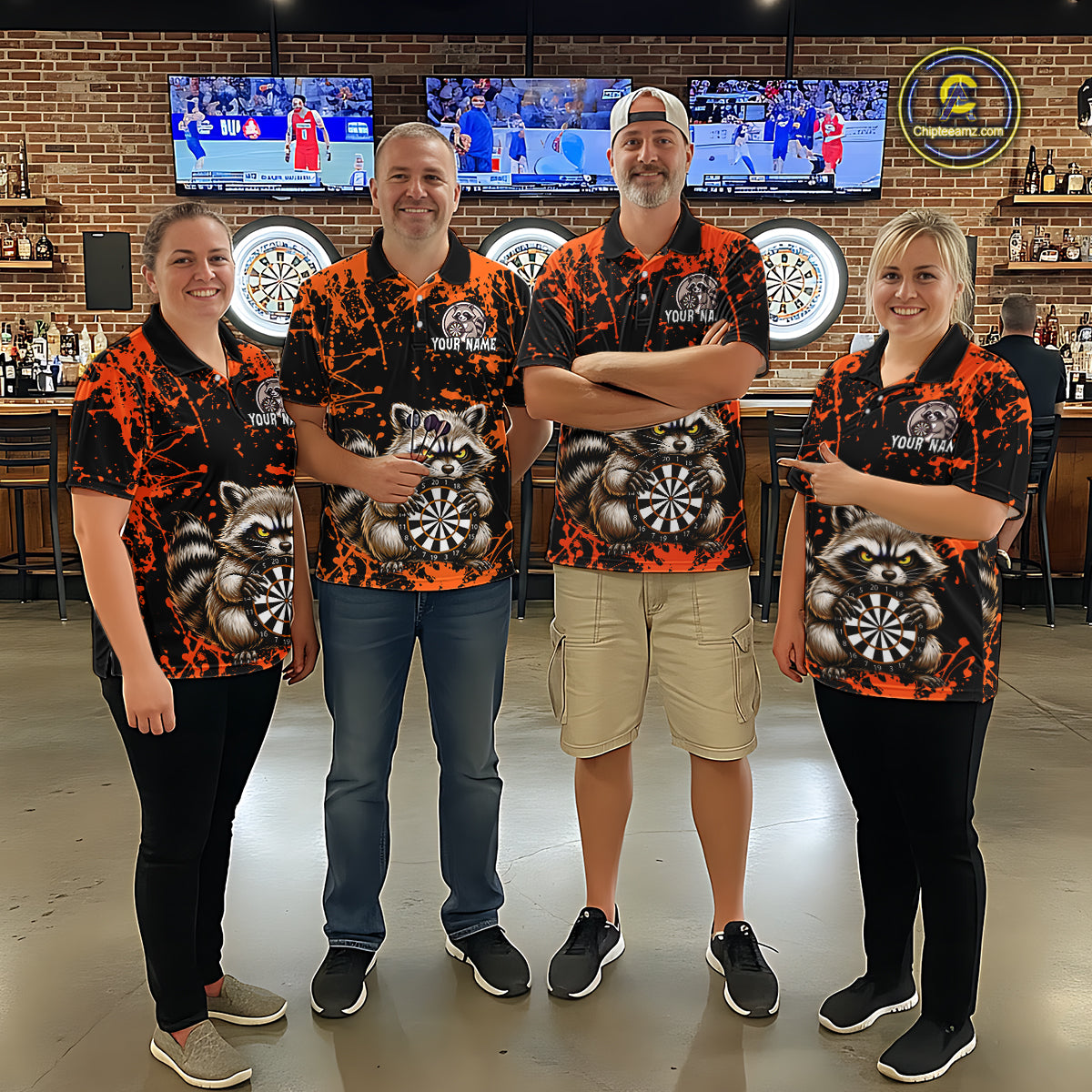 Custom Orange Raccoon Funny Dart Shirt Dart Team Jersey for Women Dartboard Polo & 1/4 Zip Shirts NNT170