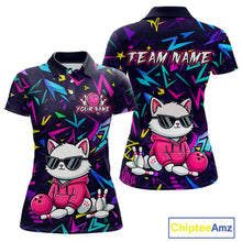 Load image into Gallery viewer, Front and back views of a black bowling polo with neon geometric patterns, custom team text, and a white cat mascot in sunglasses holding a pink bowling ball.