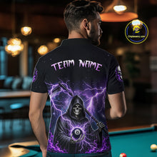 Load image into Gallery viewer, Person wearing a black billiards polo with purple lightning, a hooded grim reaper holding an 8-ball, and custom team and player name text.
