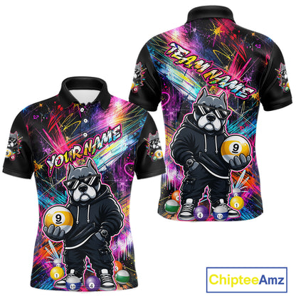 Front and back view personalized billiards polo shirt with a american bully dog holding a nine ball, integrated with colorful streaks and pool ball elements.