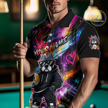 Men wearing personalized billiards polo shirt with a american bully dog holding a nine ball, integrated with colorful streaks and pool ball elements.