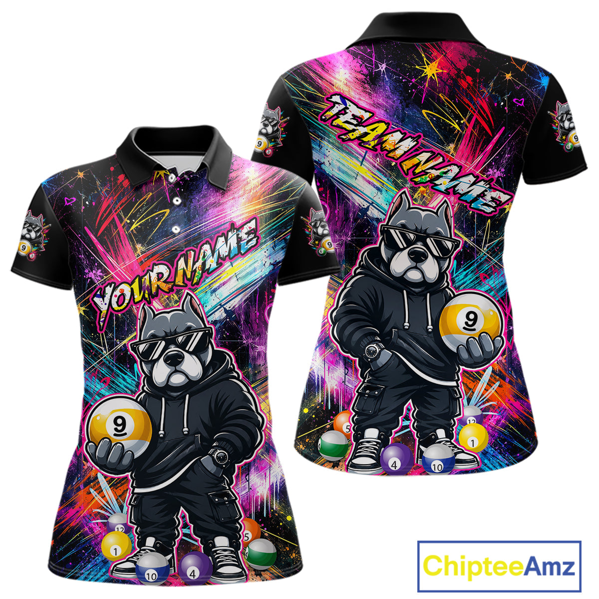 Front and back view personalized billiards polo shirt with a american bully dog holding a nine ball, integrated with colorful streaks and pool ball elements.