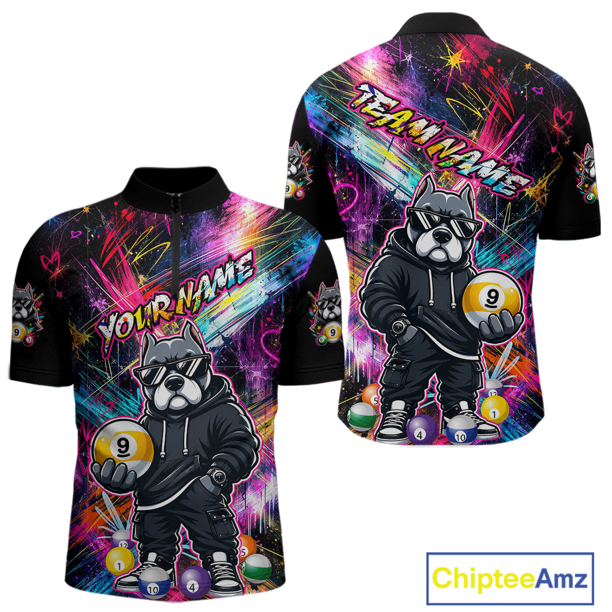 Front and back view personalized billiards quarter zip shirt with a american bully dog holding a nine ball, integrated with colorful streaks and pool ball elements.