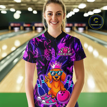 Load image into Gallery viewer, Woman wearing a black and purple bowling quarter zip shirt featuring a cartoon dachshund wearing sunglasses and a crown, holding a pink bowling ball, with custom your name text.
