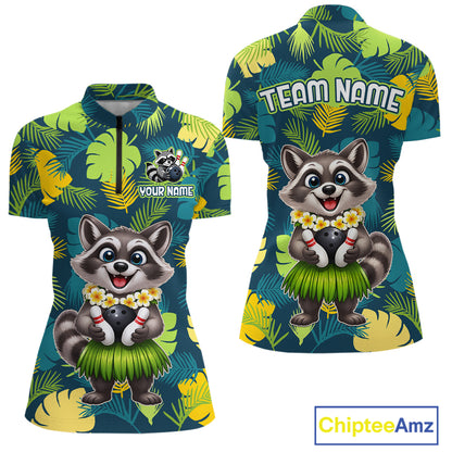 Front and back views of a tropical bowling quarter zip featuring a smiling raccoon mascot in a grass skirt, leafy patterns, bowling pins, and custom team and your name text.