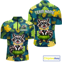 Load image into Gallery viewer, Front and back views of a tropical bowling quarter zip featuring a smiling raccoon mascot in a grass skirt, leafy patterns, bowling pins, and custom team and your name text.
