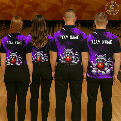 Purple Funny Raccoon Custom Bowling Jersey for Women Bowling Team Shirts Bowling League Polo & 1/4 Zip HNT489