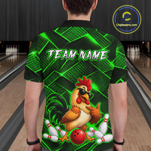 Load image into Gallery viewer, Man wearing a green and black bowling polo shirt featuring a cool rooster mascot wearing sunglasses, a red bowling ball, bowling pins, and custom team name text.