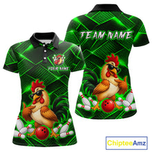 Load image into Gallery viewer, Front and back views of a green and black bowling polo shirt featuring a cool rooster mascot wearing sunglasses, a red bowling ball, bowling pins, and custom team text.