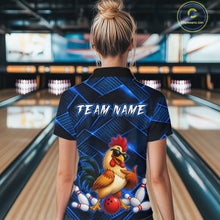 Load image into Gallery viewer, Woman wearing a blue and black bowling quarter zip shirt featuring a cool rooster mascot wearing sunglasses, a red bowling ball, bowling pins, and custom team name text.