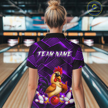 Load image into Gallery viewer, Woman wearing a purple and black bowling polo shirt featuring a cool rooster mascot wearing sunglasses, a red bowling ball, bowling pins, and custom team name text.