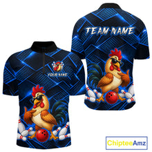 Load image into Gallery viewer, Front and back views of a blue and black bowling quarter zip shirt featuring a cool rooster mascot wearing sunglasses, a red bowling ball, bowling pins, and custom team text.