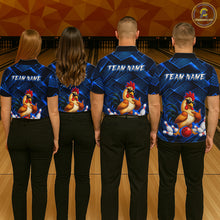 Load image into Gallery viewer, Four people wearing blue and black bowling polo shirt featuring a cool rooster mascot wearing sunglasses, a red bowling ball, bowling pins, and custom team name text