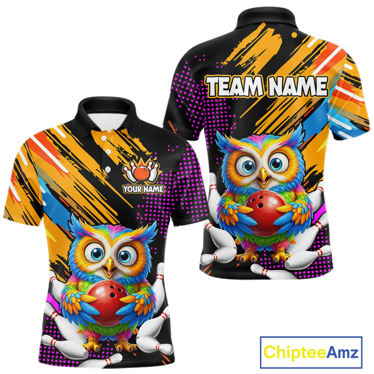 Custom Funny Colorful Owl Bowling Jersey for Men Bowling Uniform Polo & 1/4 Zip Bowling Team Shirts HNT237