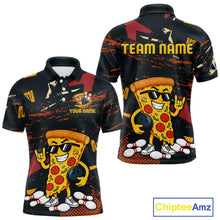 Load image into Gallery viewer, Front and back views of a black bowling polo featuring orange grunge graphics, a sunglasses-wearing pizza slice mascot, bowling pins, and custom team text.