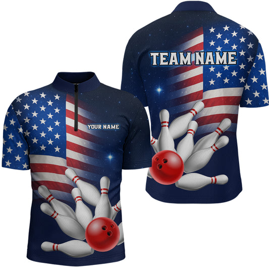 Custom US Flag Galaxy Bowling Jersey for Men Bowling Team Shirts Bowling Polo & 1/4 Zip HNT169