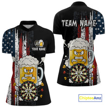 Load image into Gallery viewer, Black polo shirt with American flag design, beer mug with darts, and 'Team Name' text on a white background.