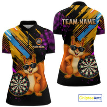 Load image into Gallery viewer, Colorful polo shirt with a squirrel and dart design, featuring customizable text on a white background.