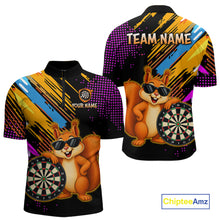 Load image into Gallery viewer, Colorful shirt with cartoon squirrel holding a dartboard design, customizable text, and Chiptee Amz branding.