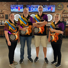 Load image into Gallery viewer, Four people wearing colorful dart-themed shirts in a bar setting with dartboards and televisions in the background.