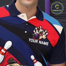Load image into Gallery viewer, Colorful polo shirt with a dog bowling design and 'Your Name' text, brand logo visible.